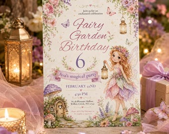 Fairy Garden Birthday Invitation, Enchanted Girl Party, Editable Canva Template (Digital Download)