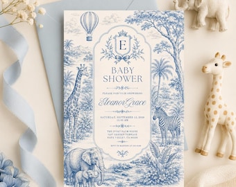Blue Safari Chinoiserie Baby Shower Invitation, Toile Boy Shower (Editable Canva Template)