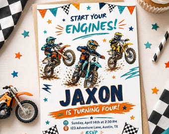 Faire-part d'anniversaire motocross, invitation à une fête de motocross, démarrer les moteurs (modèle de toile modifiable)