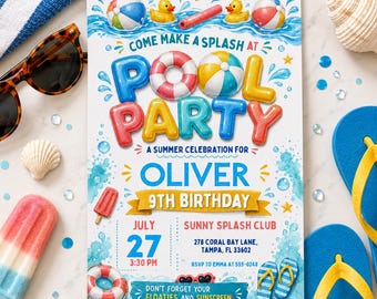 Pool Party Invitation, Summer Birthday Invite, Kids Splash (Canva Template)
