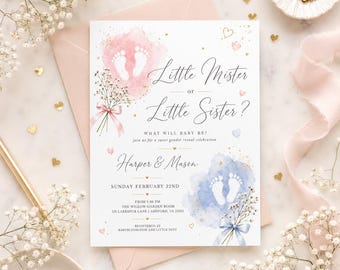Gender Reveal Invitation, Little Mister or Sister, Baby Shower, Editable Canva Template (Digital Invite)