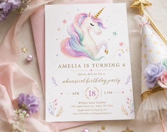 Unicorn Birthday Invitation, Pastel Magical Party Invite (Canva Template)