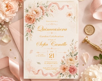 Floral Quinceanera Invitation, Garden Celebration Invite, Peach Floral, Editable Canva Template