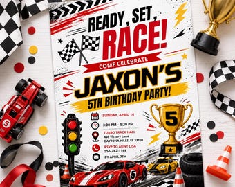 Race Car Birthday Invitation, Ready Set Race Party, Editable Canva Template (Digital Download)