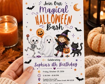 Magical Halloween Birthday Invitation, Kids Spooky Party Invite, Witch Ghost Bash (Editable Canva Template)