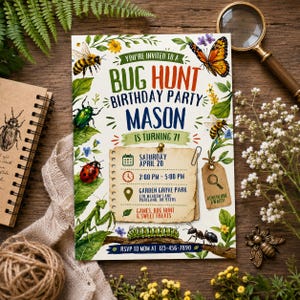 Invitación de cumpleaños con temática de caza de insectos, fiesta de insectos, explorador de la naturaleza, plantilla editable de Canva (descarga digital)