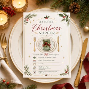 Könnte beinhalten: Eine rechteckige Einladungskarte mit dem Titel A FESTIVE CHRISTMAS SUPPER, verziert mit grünen Tannenzweigen und roten Beeren. Sie zeigt eine zentrale Illustration eines Tellers mit Serviette, einer Gabel und einem Messer.