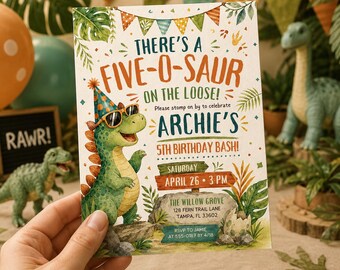 Dinosaur Five-O-Saur 5th Birthday Invitation, Editable Canva Template (Digital)