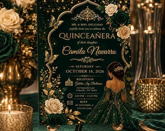 Emerald Quinceanera Invitation, Green Gold Elegant Sweet 15 Canva Template