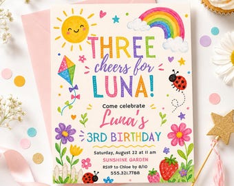 Rainbow Garden Third Birthday Invitation, Sunshine Party, Kids Editable Canva Template (Digital Download)