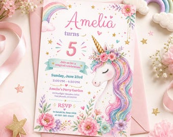 Unicorn Birthday Invitation, Floral Rainbow Girl Party Template (Digital Download)