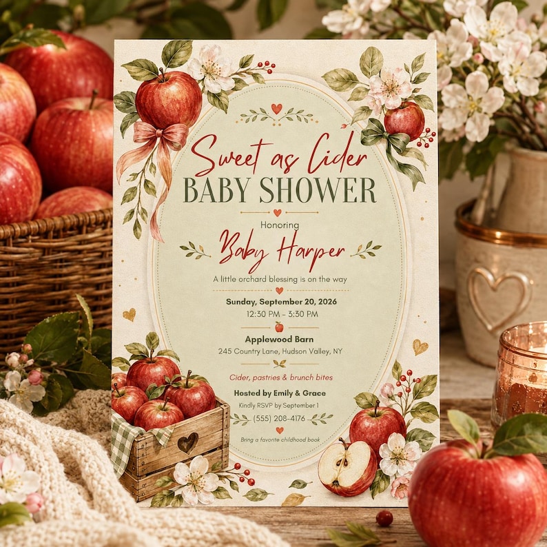May include: A rectangular baby shower invitation card featuring a cream-coloured oval centre with red and green text reading Sweet as Cider BABY SHOWER Honoring Baby Harper. The border is decorated with watercolour red apples and white blossoms.