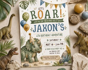 Dinosaur Birthday Invitation, Editable Canva Template, Roar Party Invite (Digital Download)