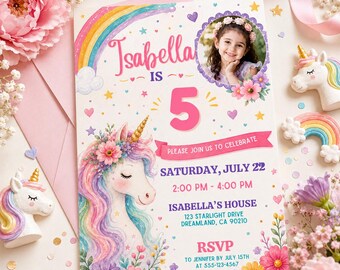 Unicorn Birthday Invitation, Rainbow Magical Girl 5th Party Invite (Canva Template)