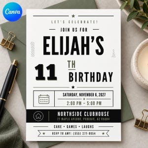 11-årsdagsinbjudan pojke, minimalistisk födelsedagsinbjudan, tween-födelsedagsfest, modern svart oliv, redigerbar canvasmall