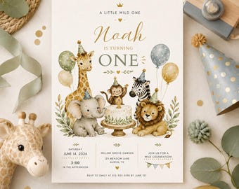 Wild One Birthday Invitation, Safari First Birthday Invite, Jungle Animals Party, Baby Boy 1st Birthday, Editable Canva Template