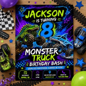 Inbjudan till monstertruckfödelsedag, inbjudan till dinosauriemonstertruck, inbjudan till hajtruckfest, födelsedag med neontruck, redigerbar canvasmall