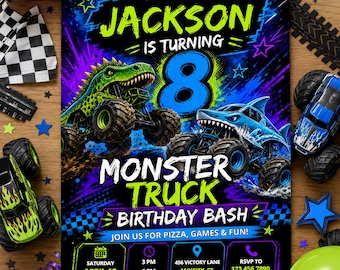 Monster Truck Birthday Invitation, Dinosaur Monster Truck Invite, Shark Truck Party Invite, Neon Truck Birthday, Editable Canva Template
