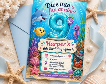 Under the Sea 9th Birthday Invitation, Ocean Animals Splash Party, Editable Canva Template