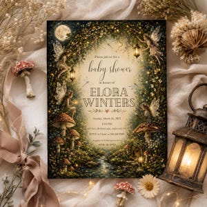 May include: A rectangular baby shower invitation card featuring a dark, enchanted forest scene with fairies, glowing lanterns, mushrooms, and a full moon. The text reads: Please join us for a baby shower in honor of ELORA WINTERS, Sunday, March 14, 2027, 1:30 PM, 612 Fern Hollow Lane, Ashwood, NC, RSVP to Claire at 555-214-9087, Registry at Little Sprout & Co.