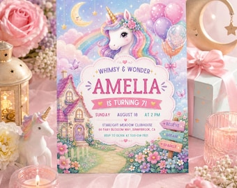 Unicorn Birthday Invitation, Pastel Rainbow Fairy Party Invite (Canva Template)