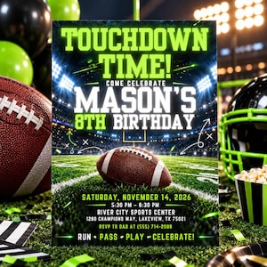 Puede incluir: Una tarjeta de invitación de cumpleaños rectangular con un estadio de fútbol americano de fondo y texto en verde y blanco: TOUCHDOWN TIME! COME CELEBRATE MASON'S 8TH BIRTHDAY. SATURDAY, NOVEMBER 14, 2026, 5:30 PM - 8:30 PM, RIVER CITY SPORTS CENTER, 1280 CHAMPIONS WAY, LAKEVIEW, TX 75021, RSVP TO DAD AT (555) 714-2088, RUN - PASS - PLAY - CELEBRATE!