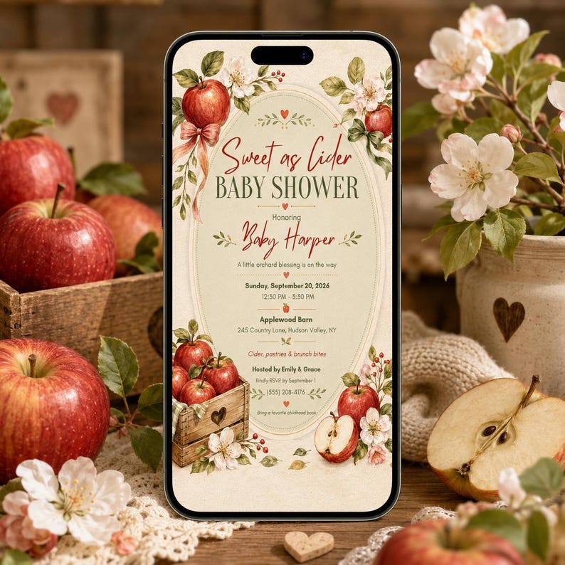 May include: A smartphone displaying a digital baby shower invitation with a cream background, red apple illustrations, and floral accents. The text reads Sweet as Cider BABY SHOWER, Honoring Baby Harper, Sunday, September 20, 2026, 12:30 PM - 3:30 PM, Applewood Barn, 245 Country Lane, Hudson Valley, NY, cider, pastries & brunch bites, Hosted by Emily & Grace, RSVP by September 1, (555) 208-4178.