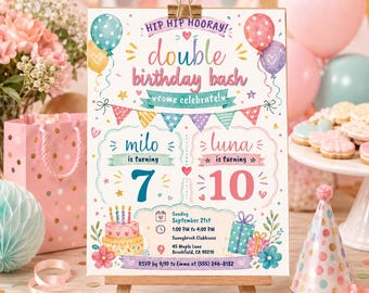 Joint Birthday Invitation, Sibling Party Invite, Kids Double Birthday Bash (Canva Template)