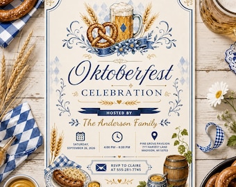 Oktoberfest Party Invitation, Bavarian Beer & Pretzel Celebration, Blue White German Party, Editable Canva Template