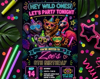Neon Jungle Animals Birthday Invitation, Glow Party, Editable Canva Template (Digital Download)