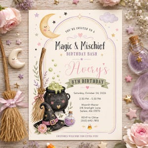 May include: A rectangular birthday invitation card featuring a whimsical illustration of a smiling black cauldron, a witch hat, and a broomstick. The text reads Magic & Mischief Birthday Bash, Avery's 8th Birthday, Saturday, October 24, 2026, 2:30 PM - 5:30 PM, Moonlit Manor, 218 Starlight Lane, Salem, MA 01970, RSVP to Chloe (555) 642-7815, and Costumes welcome for extra fun.