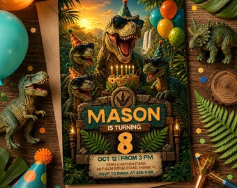 Dinosaur Birthday Invitation, T Rex Jurassic Party Invite, Editable Canva Template (Digital Download)
