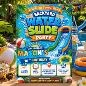 May include: A rectangular party invitation featuring the text 'BACKYARD WATER SLIDE PARTY', 'COME CELEBRATE MASON'S 10th BIRTHDAY', and event details for Saturday, July 25th. The design includes a blue water background, a large inflatable slide, beach balls, and colorful tropical foliage.