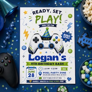 May include: A birthday party invitation for Logan's 9th birthday bash on Sunday, June 28, 2026. The flyer features a white video game controller wearing a party hat, with text reading Ready, Set, Play, Join the Fun, and Pixel Party Zone details.