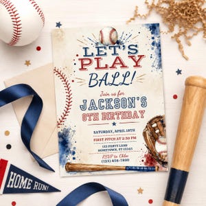 Invitación de cumpleaños de béisbol, invitación vintage para fiesta de béisbol, cumpleaños de béisbol para niños, invitación "Play Ball", plantilla editable de Canva