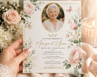 Memorial Invitation, Celebration of Life Invite, Funeral Announcement, Floral Remembrance Card, Editable Canva Template