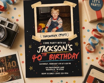 Faire-part 40e anniversaire, invitation photo rétro, modèle toile rétro (téléchargement numérique)