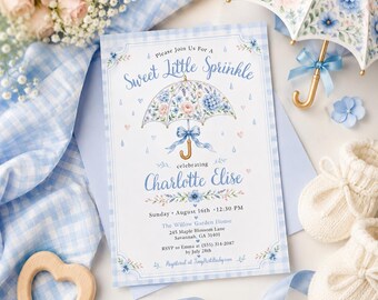 Floral Umbrella Sprinkle Invitation, Blue Gingham Baby Shower (Editable Canva Template)