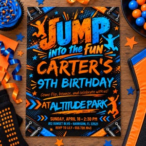 Puede incluir: Una tarjeta de invitación de cumpleaños rectangular con fondo negro y texto en naranja y azul que dice: JUMP INTO THE FUN CARTER'S 9TH BIRTHDAY. Come flip, bounce, and celebrate with us! AT ALTITUDE PARK. SUNDAY, APRIL 18, 2:30 PM.