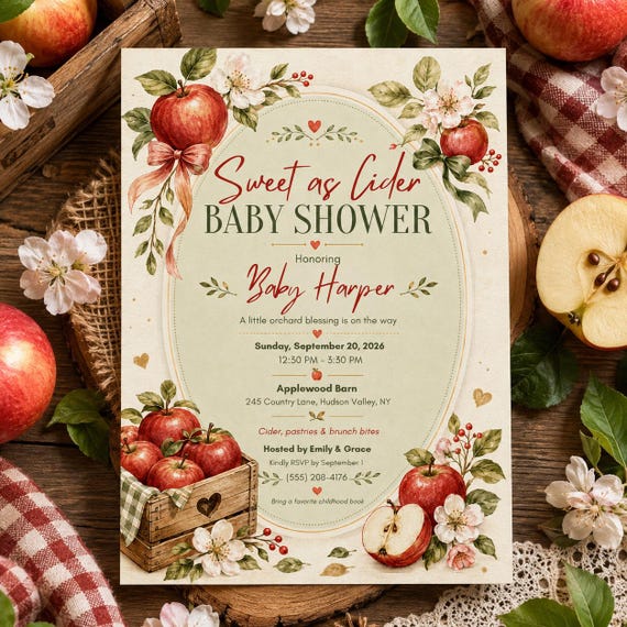 Apple Baby Shower Invitation, Editable Canva Template, Sweet as Cider Orchard Baby Shower Invite, Rustic Fall Apple Theme
