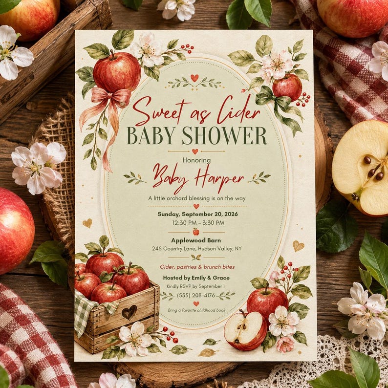 May include: A rectangular baby shower invitation card featuring a cream-coloured oval centre with red text reading Sweet as Cider BABY SHOWER Honoring Baby Harper, surrounded by watercolour illustrations of red apples, green leaves, and white blossoms.