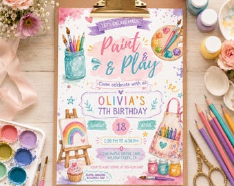 Art Party Invitation, Watercolor Birthday Invite, Kids Craft Canva Template