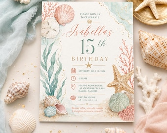 Beach 15th Birthday Invitation, Coastal Seashell Party Invite (Canva Template)
