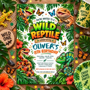 Pode incluir: Um cartão de convite de aniversário retangular com uma rã, um dragão barbudo, uma cobra colorida e um camaleão rodeados por folhas tropicais, borboletas e flores de hibisco. O texto diz: YOU'RE INVITED TO A WILD REPTILE celebrating OLIVER'S 8TH BIRTHDAY, Saturday, July 18, 2026, 1:30 PM - 4:30 PM, Wild Trails Nature Center, 352 Fern Valley Road, Lakewood, FL 33410, RSVP to Hannah at (555) 318-2047, Creep, crawl, and celebrate with us!