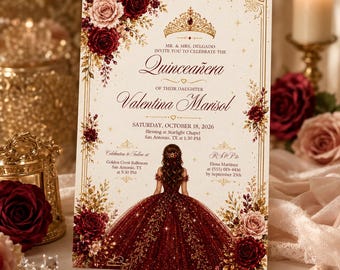 Burgundy Quinceañera Invitation, Floral Princess Sweet 15, Red Gold Tiara Birthday (Editable Canva Template)