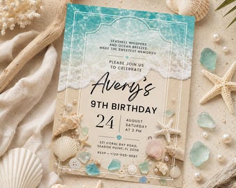 Beach Birthday Invitation, Seashell Ocean Party Invite, Summer Canva Template (Digital Download)