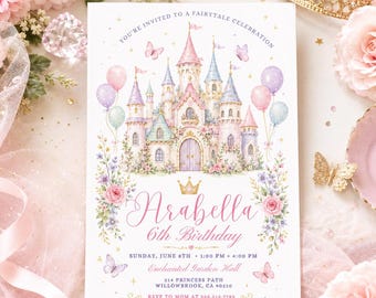 Fairytale Castle Birthday Invitation, Enchanted Garden Party, Girls 6th (Editable Canva Template)