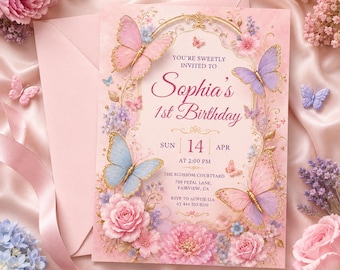 Faire-part 1er anniversaire de papillon floral rose, fête de princesse dans le jardin (modèle de toile modifiable)