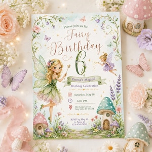 Inbjudan till älvfödelsedag, nyckfull älvfestinbjudan, födelsedagsinbjudan med pastellblommor, inbjudan till trädgårdsälva, redigerbar Canvas-mall