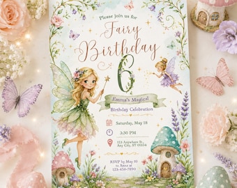 Fairy Birthday Invitation, Whimsical Fairy Party Invite, Pastel Floral Birthday, Garden Fairy Invite, Editable Canva Template
